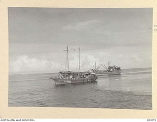 LALUM, BOUGAINVILLE, 1945-06-12. THE HOSPITAL SHIP STRADBROKE; IN PRE- WAR TIMES, A PRIVATELY OWNED YACHT. THE STRADBROKE IS LOADED WITH PATIENTS FROM 19 FIELD AMBULANCE MAIN DRESSING STATION, MEN ..