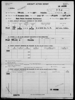 VMF-121 - ACA Reps #17 - Bombing & Strafing Point Bradford Lighthouse, Babelthuap Is, Palau Is on 12/8/44