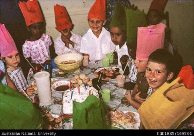 Tom laughing at birthday party, Paton Memorial Hospital, Vila