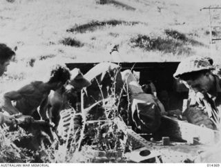 1943-03-03. PAPUA. JAPANESE UNSUCCESSFULLY ATTACK WAU. 25 POUNDER GUNS FLOWN INTO WAU, AND MANNED BY AUSTRALIANS PREPARING TO OPEN FIRE ON THE JAPANESE AT WAU AERODROME