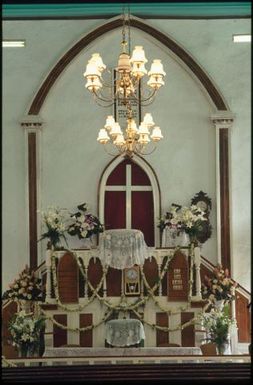 Inside view of Avarua church, Rarotonga