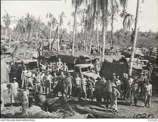 AITAPE, NORTH EAST NEW GUINEA. 1944-04-23. RAAF AIRMEN WITH SUPPLIES AND STORES IN A BIVOUAC AREA AMONGST COCONUT PALM TREES. THEY HAD DISEMBARKED FROM LANDING SHIP TANKS IN WHICH RAAF GROUND ..