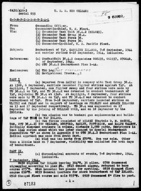 USS NEW ORLEANS - Rep of Ops in the Caroline & Palau Is, 9/6-18/44, Including Bombardment of Yap, Caroline Is, on 9/7-8/44