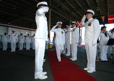 060808-N-4965F-003 (Aug. 8, 2006)US Navy (USN) Rear Adm. Michael C. Vitale, Commander, Theodore Roosevelt Strike Group, is piped through the side boys during an official Change of Command (COC) ceremony on board Naval Station (NS) Pearl Harbor, Hawaii (HI). USN Rear Adm. Townsend G. Alexander, Commander, Navy Region Hawaii and Commander, Naval Surface Group Middle Pacific, will relieve Rear Adm. Vitale during the event.U.S. Navy official photo by Mass Communication SPECIALIST 1ST Class James E. Foehl (RELEASED)