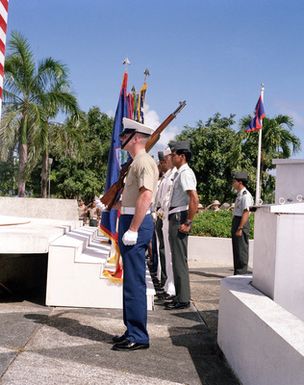 A joint services honor guard participates in a Veteran's Day memorial service held at the Tomb of the Unknown Soldier, located in Skinner Plaza