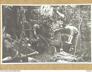 MUBO-SALAMAUA AREA, NEW GUINEA, 1943-07-22. PRIMITIVE COOKING FACILITIES AT HEADQUARTERS, 2/5TH AUSTRALIAN INFANTRY BATTALION. LEFT TO RIGHT:- VX29920 PRIVATE A.J. FELSTEAD; VX7413 WARRANT OFFICER ..