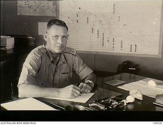 Port Moresby, New Guinea. 1944-07-08. Portrait of Brigadier Donald M. Cleland, Deputy Adjutant and Quartermaster-General, HQ Australian New Guinea Administrative Unit (ANGAU), and Chairman of the ..