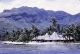 French Polynesia, beach houses on shore of Moorea Island