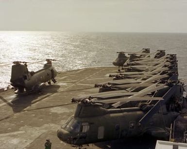 CH-46 Sea Knight helicopters line the flight deck of the amphibious assault ship USS GUAM (LPH-9), during flight operations off the coast of Beirut. The ship is providing support to U.S. Marines deployed in Lebanon as part of a multi-national peacekeeping force following confrontation between Israeli forces and the Palestine Liberation Organization