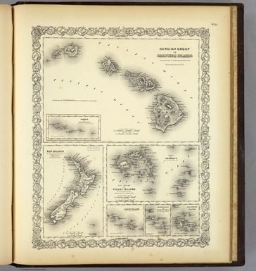 Hawaiian Group Or Sandwich Islands (with) inset map Samoan Or Navigators Is. (with) five additional maps: New Zealand, Viti Group Or Feejee Islands and Tonga Or Friendly Is., Society Islands, Marquesas Or Washington Is. and Galapagos Islands. Published By J.H. Colton & Co. No. 172 William St. New York. Entered ... 1855 by J.H. Colton & Co. ... New York. No. 33.