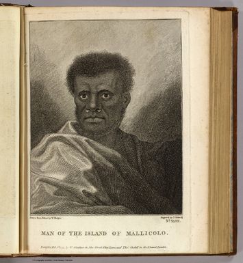 Man of the island of Mallicolo. Drawn from nature by W. Hodges. Engrav'd by J. Caldwall. No. XLVII. Publish'd Feb. 1st, 1777 by W. Strahan in New Street, Shoe Lane; and Thos. Cadell in the Strand, London.