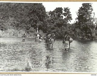WIDERU, NEW GUINEA, 1943-10-21. NX155085 CAPTAIN R.G. ORMSBY OF THE AUSTRALIAN AND NEW GUINEA ADMINISTRATIVE UNIT AND HIS PARTY CROSSING A SHALLOW RIVER BETWEEN WIDERU AND AYR