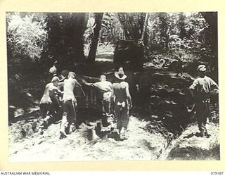 BOUGAINVILLE ISLAND. 1945-02-17. TROOPS OF THE 5TH FIELD COMPANY, HELPING TO PUSH A 3 TON ARMY TRUCK AND COMPRESSOR OUT OF A BOGGY SECTION OF THE MOSIGETTA ROAD