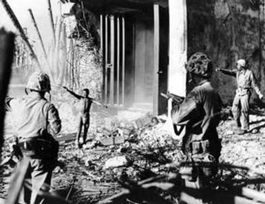 [Three Marines and a Japanese Soldier]