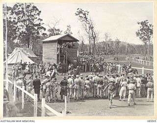 HERBERTON, QLD. 1945-01-20. THE SADDLING PADDOCK AT HQ 9 DIVISION PRIOR TO THE START OF THE FIFTH DIVISION (4 FURLONGS) RACE IN THE 9 DIVISION GYMKHANA AND RACE MEETING AT HERBERTON RACECOURSE