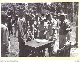 MUSCHU ISLAND, NEW GUINEA. 1945-09-24. MAJOR GENERAL H.C.H. ROBERTSON, GENERAL OFFICER COMMANDING 6 DIVISION, AT THE HEADQUARTERS OF LIEUTENANT GENERAL K. YOSHIWARA, CHIEF OF GENERAL STAFF, 18 ..