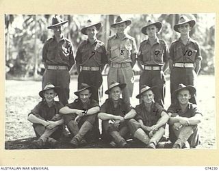 SIAR, NEW GUINEA. 1944-06-23. PERSONNEL OF "I" SECTION, BATTALION HEADQUARTERS, 57/60TH INFANTRY BATTALION. IDENTIFIED PERSONNEL ARE:- VX139804 PRIVATE H. WILLIAMS (1); VX108674 PRIVATE A.E. ..