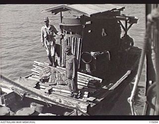 AT SEA, OFF TIMOR. 1945-09-11. THE SURRENDER OF ALL JAPANESE FORCES IN THE TIMOR AREA WAS ACCEPTED BY BRIGADIER L. G. H. DYKE, COMMANDING TIMFORCE, ON BOARD THE RAN SLOOP, HMAS MORESBY. SHOWN ..