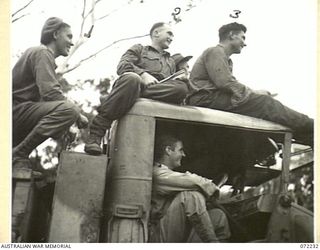 KILIGIA, NEW GUINEA. 1944-04-10. A THREE TON AUSTRALIAN ARMY VEHICLE PROVIDES SEATING WITH AN UNOBSTRUCTED VIEW OF THE UNIT MOVIE "CHARLEY'S AUNT", AT HEADQUARTERS 5TH DIVISION AREA