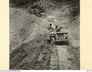 WAMPIT, NEW GUINEA. 1944-03-02. A JEEP PICTURED IN DIFFICULTIES ABOUT 66 MILES FROM WAU ON THE WAU - LAE ROAD SECTION. SOME JEEPS CARRYING ABOUT A TON WEIGHT OF NATIVE RATIONS RECEIVE TROUBLE AT ..