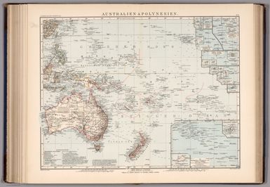 Australien und Polynesien. October 1898. Bearbeitet von E. Debes. Lithogr. von Irmgedruth & Riege. Verlag der Georg. Anstalt von Wagner & Debes, Leipzig. (to accompany) Neuer Handatlas uber alle Teile der Erde.1899. 51. (with 7 insets).