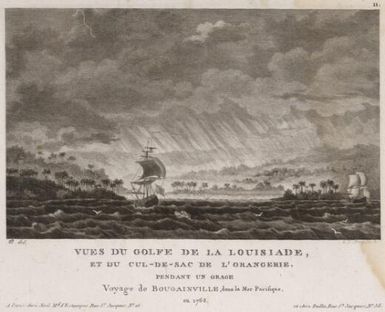 Vues du Golfe de la Louisiade et du cul-de-sac de l'Orangerie pendant un orage, voyage de Bougainville dans la mer Pacifique en 1768 / Q. del.: L.J. Masquelier
