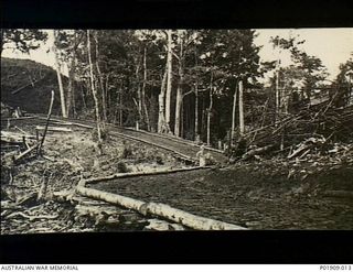 Milne Bay, New Guinea. 1943. The corduroy road to the rest camp and the 78th Anti-Aircraft Searchlight Battery site during construction