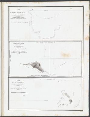 Voyage de la corvette l'Astrolabe : exécuté par ordre du roi, pendant les annees 1826, 1827, 1828, 1829, sous le commandement de M. J. Dumont D'Urville, capitaine de vaisseau.: Plan de l'extremite septentrionale du REcif de Dentrecasteaux au nord de la N.lle Caledonie / Carte particuliere d'une parties de l'Ile Rossel (Louisiade) / Plan des Iles Laughlan