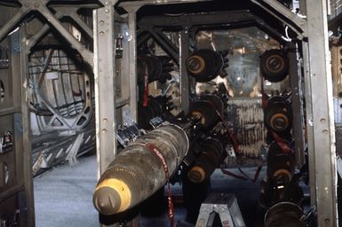 Mark 82 500-pound high-drag bombs aboard a B-52G Stratofortress aircraft of the 60th Bomber Squadron during Exercise HARVEST COCONUT