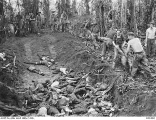 BOUGAINVILLE. 1945-04-06. 25 INFANTRY BATTALION TROOPS PLACING JAPANESE BODIES IN A GRAVE FOR COMMON BURIAL. THE ENEMY LOST 311 MEN IN AN UNSUCCESSFUL ATTEMPT TO TAKE SLATER'S KNOLL