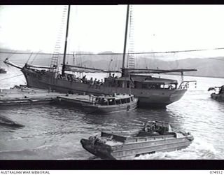 LAE, NEW GUINEA. 5 JULY 1944. A SMALL SCHOONER LOADED WITH AUSTRALIAN ARMY PERSONNEL BOUND FOR MADANG