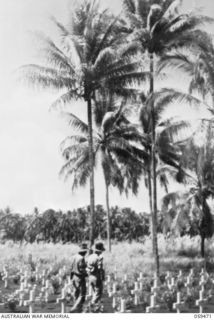 MILNE BAY, NEW GUINEA, 1943-05. WAR CEMETERY TUCKED AWAY AMONG THE COCONUT PALMS. IT CONTAINS THE GRAVES OF CORPORAL JOHN ALEXANDER FRENCH OF QLD, THE FIRST NEW GUINEA VC, AND ALSO OF SQUADRON ..
