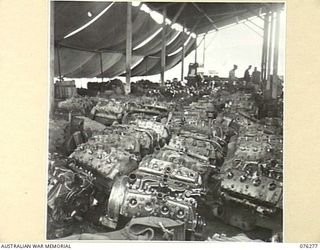 LAE, NEW GUINEA. 1944-09-27. THE FORD V'8 MOTOR STORAGE SHED IN THE MOTOR TRANSPORT SECTION OF THE 43RD FIELD ORDNANCE DEPOT