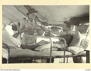 PORT MORESBY, NEW GUINEA. 1944-05-05. B2/359 ASSISTANT SUPERINTENDENT MRS. K. STEPHENS OF THE AUSTRALIAN RED CROSS SOCIETY ATTACHED TO THE 2/1ST GENERAL HOSPITAL, HANDS VX30133 DRIVER J. ALLEN, ..