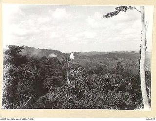 ULUNKOHOITU, NEW GUINEA, 1945-07-18. THE SLOPES OF ULUNKOHOITU VIEWED FROM 8 PLATOON, A COMPANY, 2/6 INFANTRY BATTALION POSITION. IT SHOWS THE JAPANESE HUTS AND THEIR AREA OF DEFENCE ALONG THE LEFT ..