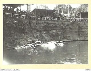 TOROKINA, BOUGAINVILLE, SOLOMON ISLANDS. 1945-03-11. THE START OF THE 50 YARDS BREAST STROKE EVENT DURING THE SWIMMING CARNIVAL CONDUCTED AT HEADQUARTERS 15TH INFANTRY BRIGADE