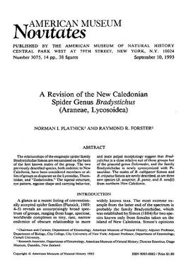 A revision of the New Caledonian spider genus Bradystichus (Araneae, Lycosoidea)