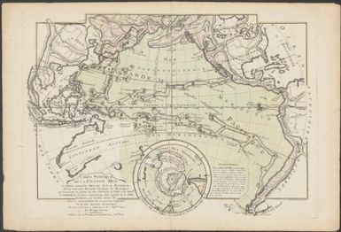 Carte physique de la Grande Mer : ci-devant nommee Mer du Sud ou Pacifique ... / Dressee et presentee a L'Acad. des Sc. le 5 Sept. bre 1744 par Philippe Buache ; publiee sous le privilege de L'Academie du 4 Sept.bre 1754 ; grave par Desbruslins, Pere, 1757