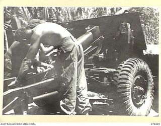 MOTUPINA POINT AREA, BOUGAINVILLE ISLAND. 1945-01-20. TROOPS OF THE 2ND FIELD REGIMENT, LOADING THEIR LONG 25 POUNDERS IN PREPARATION FOR THEIR FIRE ORDERS DURING THE LAYING DOWN OF A BARRAGE ..