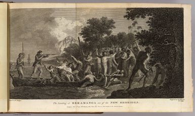 The landing at Erramanga, one of the New Hebrides. Painted by W. Hodges. Engraved by J.K. Sherwin. No. LXII. Published Feby. 1st, 1777, Wm. Strahan, New Street, Shoe Lane & Thos. Cadell, in the Strand, London.