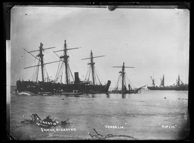 Wrecks of the ships Trenton, Vandalia and Nipsic at Apia Harbour, March 1889.