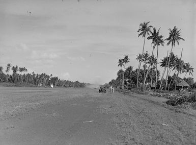 [View of plane taking off or landing on Pacific Island runway]