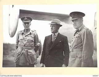 NADZAB, NEW GUINEA. 1945-04-07. SENATOR J.M. FRASER, ACTING MINISTER FOR THE ARMY (2), WITH LIEUTENANT GENERAL V.A.H. STURDEE (1), AND LIEUTENANT GENERAL J. NORTHCOTT, CHIEF OF THE GENERAL STAFF ..