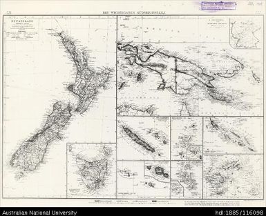 Papua New Guinea, New Zealand, Tasmania, Tahiti, New Caledonia, Solomons, Tonga, Die Wichtigsten Sudseeinseln l, Sheet 221-222, Various scales, 1924