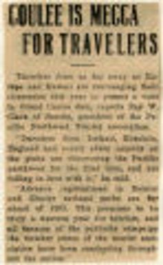 Coulee Is Mecca For Travellers. Northwest History. Taxes (Cont'd), Teachers, Textile Manufacturing, Theatres, Tourists and Visitors. Tourists and Visitors, 1936.
