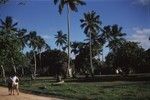 [Men walking on road past fale in village]