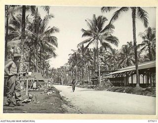 PALMALMAL PLANTATION, JACQUINOT BAY, NEW BRITAIN. 1944-12-21. THE NEWLY COMPLETED CORAL GRAVEL ROAD THROUGH THE PLANTATION AS IT PASSES THROUGH THE 18TH ADVANCED ORDNANCE DEPOT. IDENTIFIED ..