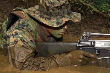 US Marine Corp (USMC) Private First Class (PFC) Jeff W. Norman, 3rd Battalion, 3rd Marine Regiment, low crawls through mud with his 5.56 mm M16A2 rifle during a training exercise on the island of Oahu, Hawaii (HI)