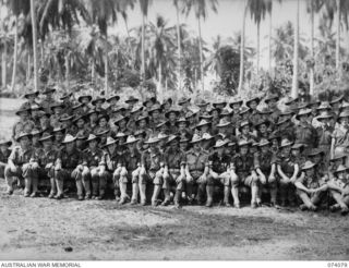 SIAR, NEW GUINEA. 1944-06-21. PERSONNEL OF B COMPANY. SHOWN ARE:- VX122635 CORPORAL D.T. BOURKE (1); VX144093 CORPORAL O.W. CROME (2); NX140655 SERGEANT M.H. BAKER (3); VX111926 STAFF SERGEANT J.T. ..