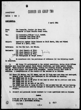 COMCARAIRGR 2 - Rep of Ops Against Palau Is, 3/30-31/44 & Woleai Is, 4/1/44